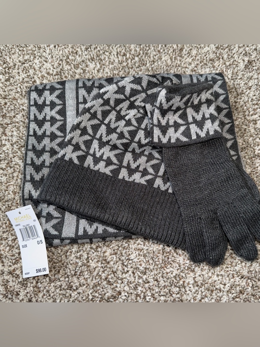 Michael Kors Black & Gray MK Logo Knit Hat and Gloves Set